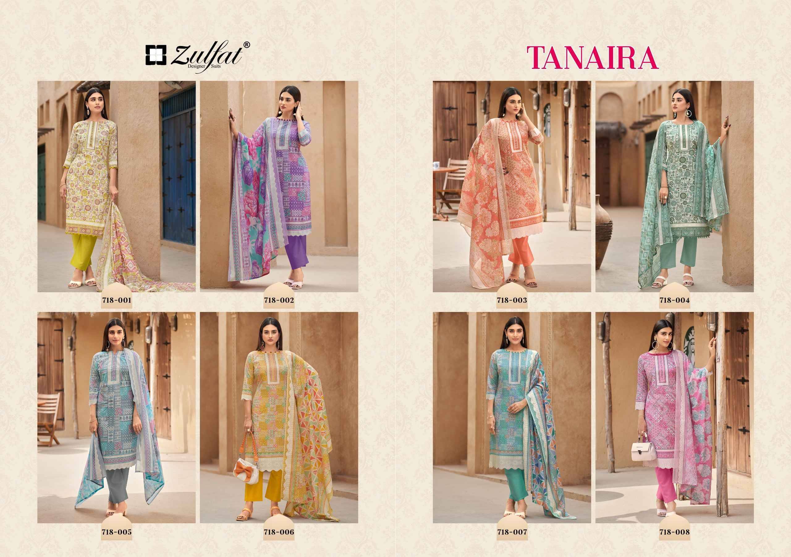 TANAIRA By Zulfat Designer Suits 718 Series Beautiful Stylish Festive Suits Fancy Colorful Casual Wear & Ethnic Wear & Ready To Wear Heavy Cotton Print Dresses At Wholesale Price